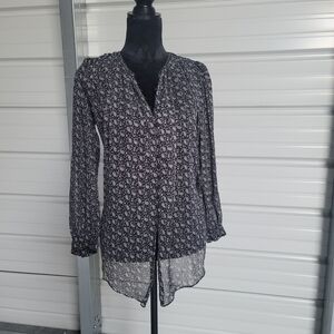 ZARA Paisley Boho Semi Sheer Long Sleeve Chiffon Blouse Lurex Black Buttons XS